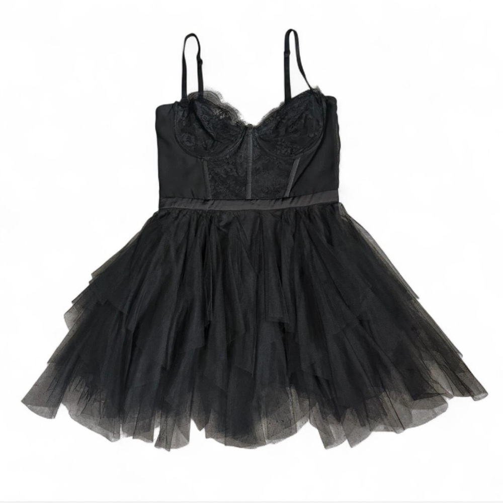 Klesis Black Lace Boned Corset Tulle Mini Dress With Removable Straps